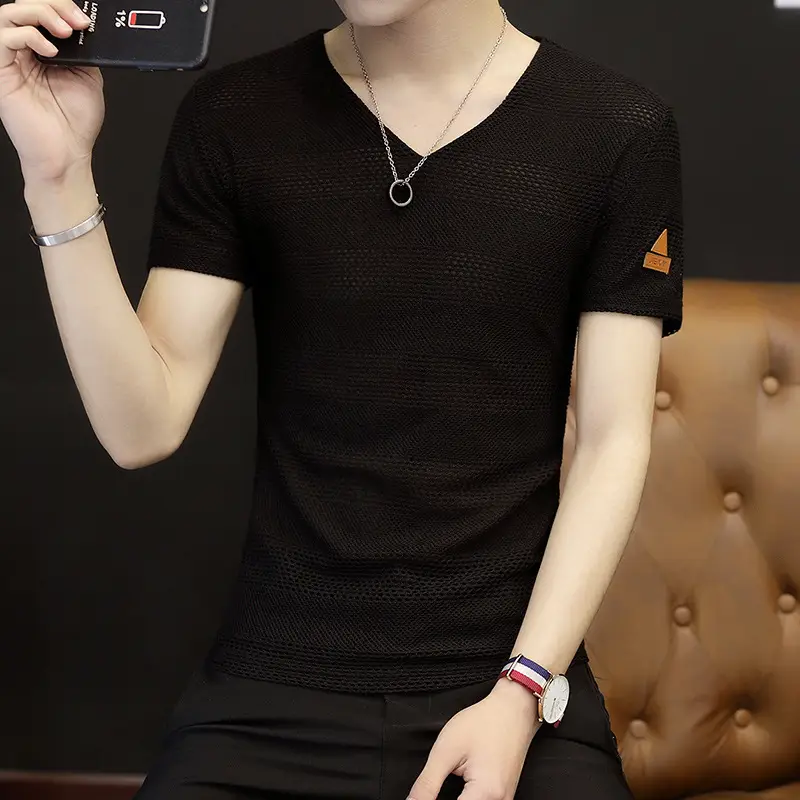 Men V-neck Armband Short-sleeve T-shirt White Slim Fit - Image 5