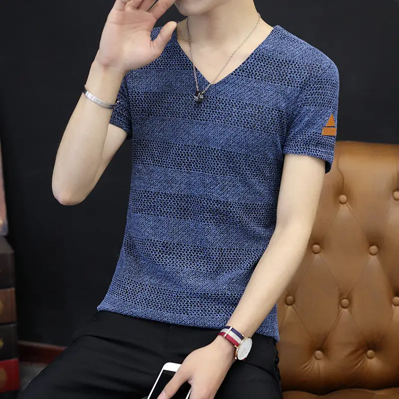 Men V-neck Armband Short-sleeve T-shirt White Slim Fit - Image 6
