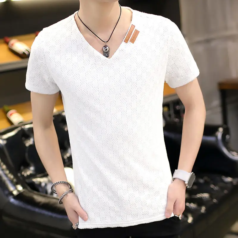 Men V-neck Armband Short-sleeve T-shirt White Slim Fit - Image 7