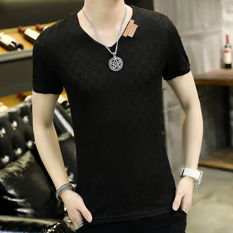 Men V-neck Armband Short-sleeve T-shirt White Slim Fit - Image 8