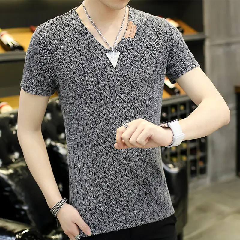 Men V-neck Armband Short-sleeve T-shirt White Slim Fit - Image 9