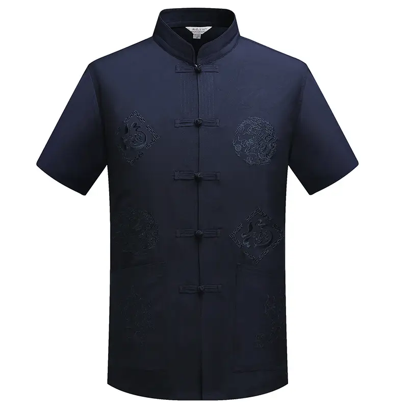 Men Red Embroidered Dragon Short Sleeve Chinese Tang Suit — feature 3