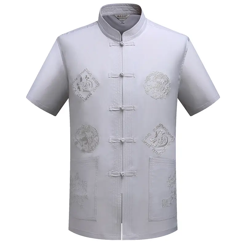Men Red Embroidered Dragon Short Sleeve Chinese Tang Suit — feature 5