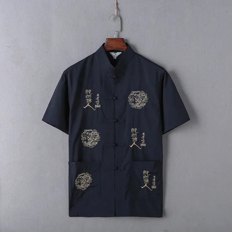 Men Chinese Embroidered Dragon Suit Navy Blue - Image 2
