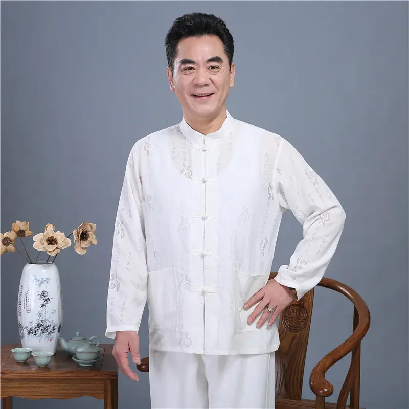 Men Long Sleeve Chinese Tang Suit Light Grey - Image 6