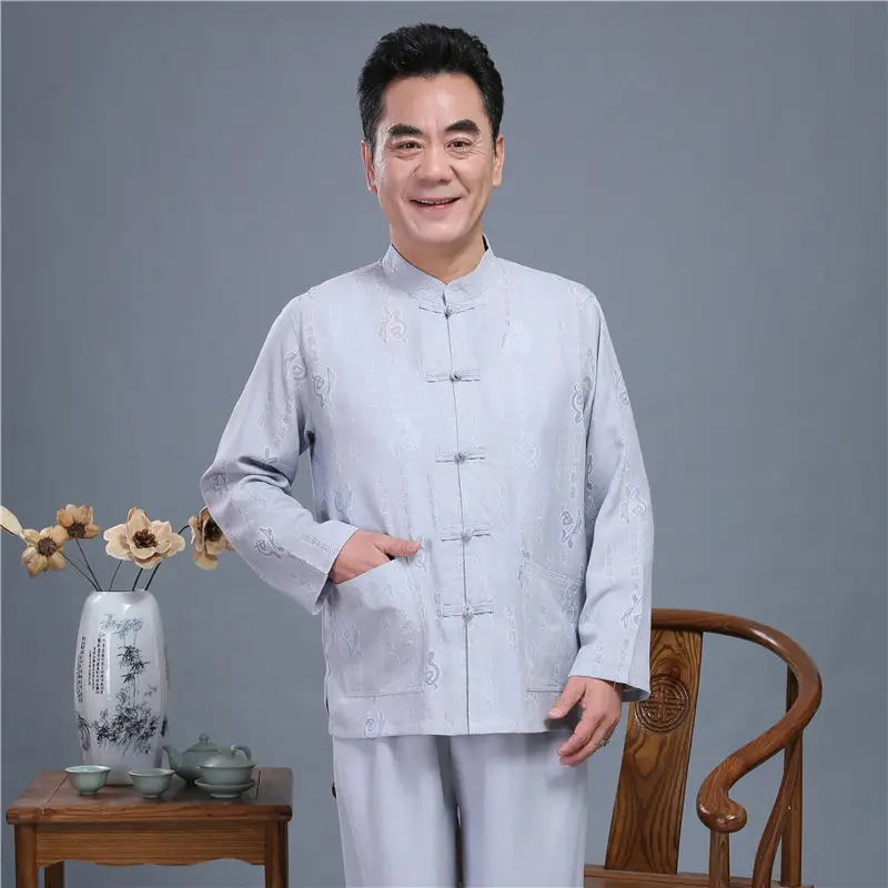 Men Long Sleeve Chinese Tang Suit Light Grey — feature 9