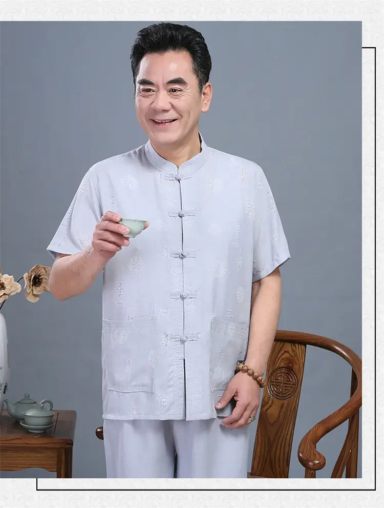 Men Chinese Style Cotton Suit Light Grey Summer Autumn - Image 4
