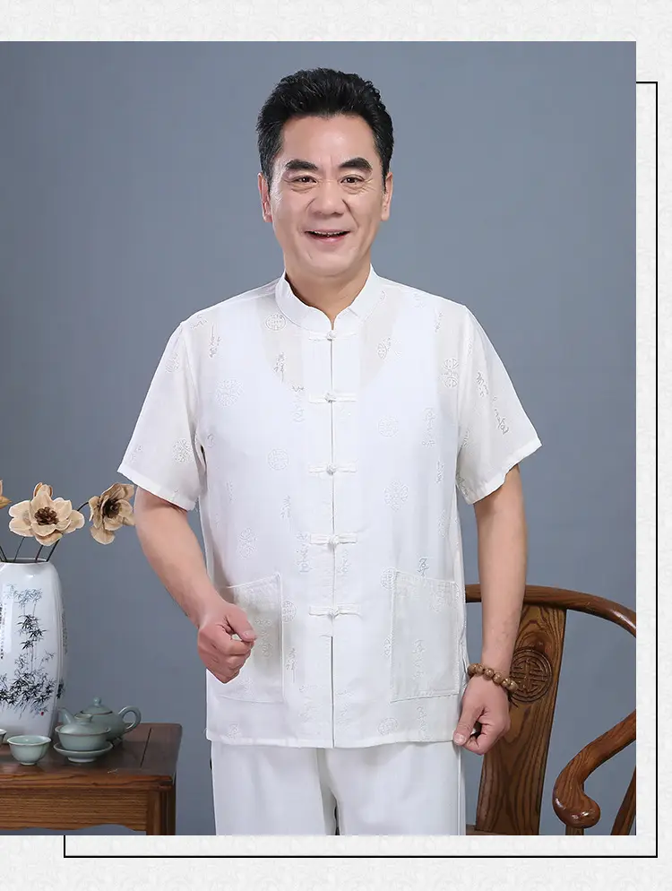 Men Chinese Style Cotton Suit Light Grey Summer Autumn — feature 1