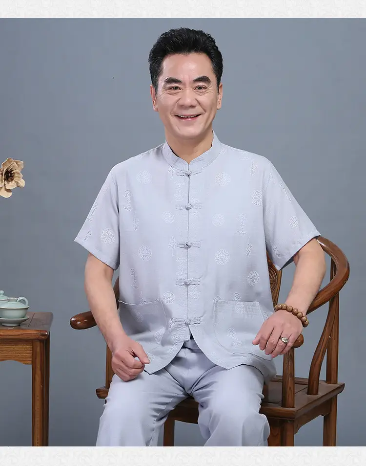 Men Chinese Style Cotton Suit Light Grey Summer Autumn — feature 3