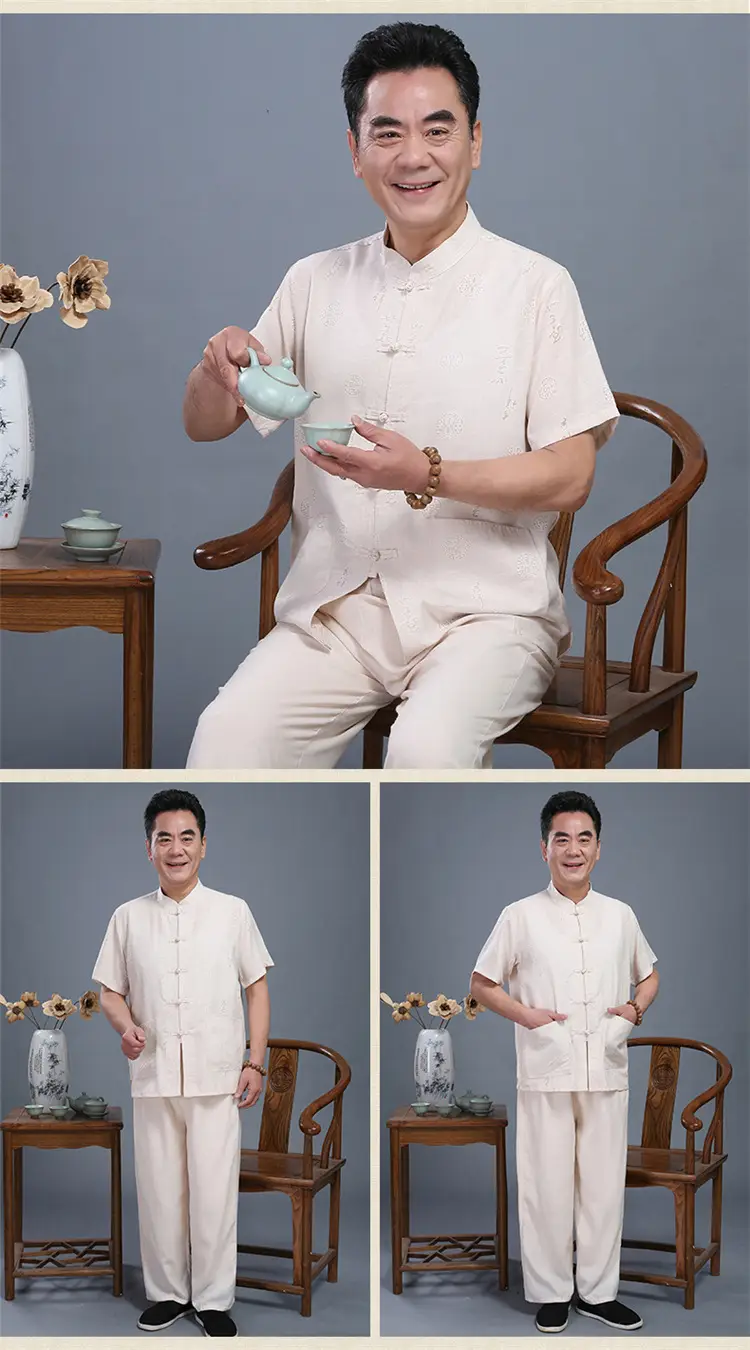 Men Chinese Style Cotton Suit Light Grey Summer Autumn — feature 5