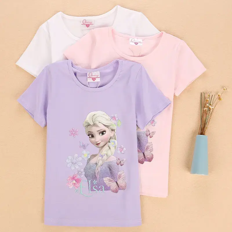 Girls Frozen Elsa Cotton T-Shirt Summer Round Neck - Image 5