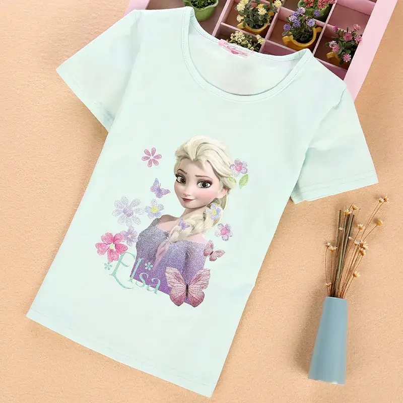 Girls Frozen Elsa Cotton T-Shirt Summer Round Neck - Image 6
