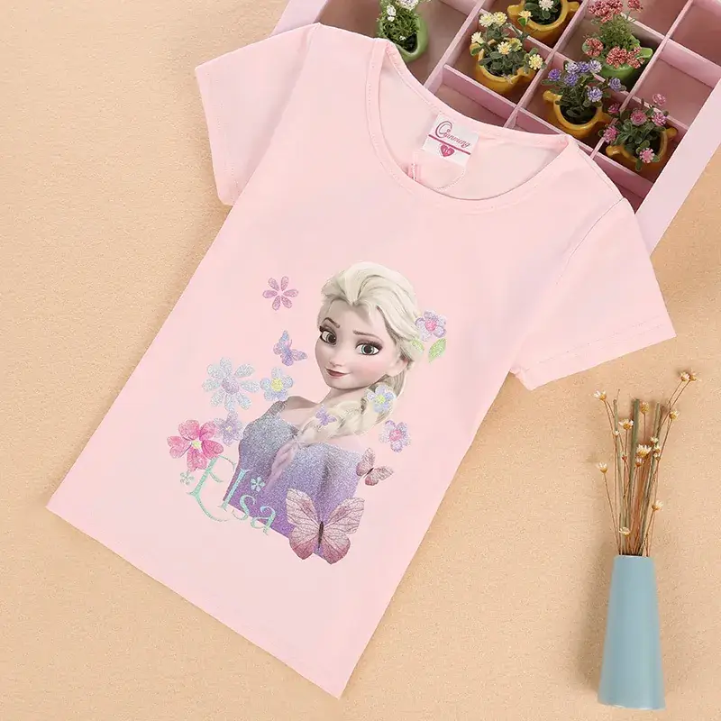 Girls Frozen Elsa Cotton T-Shirt Summer Round Neck - Image 7