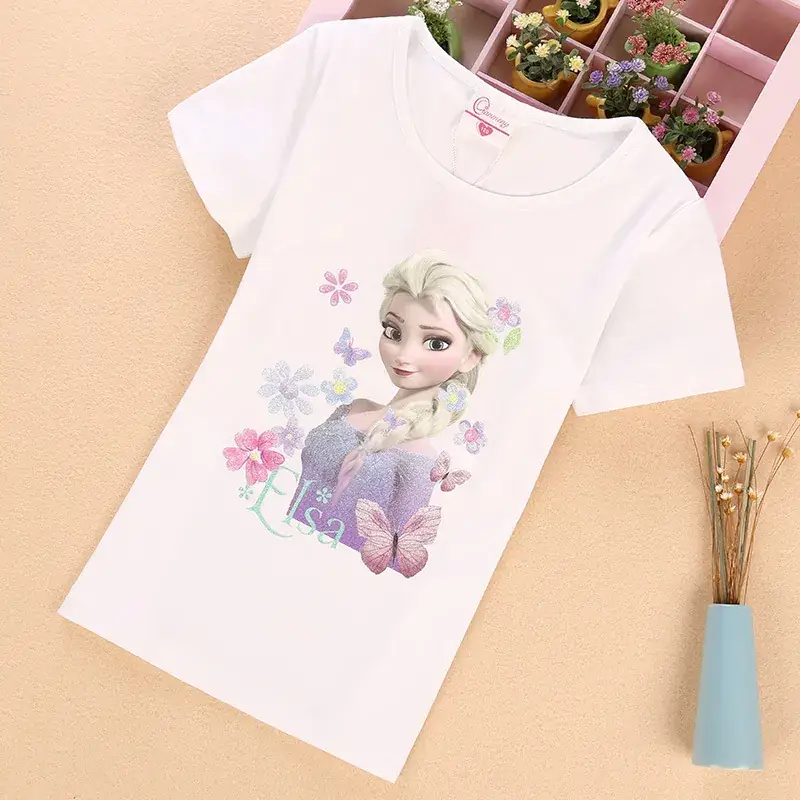 Girls Frozen Elsa Cotton T-Shirt Summer Round Neck - Image 8
