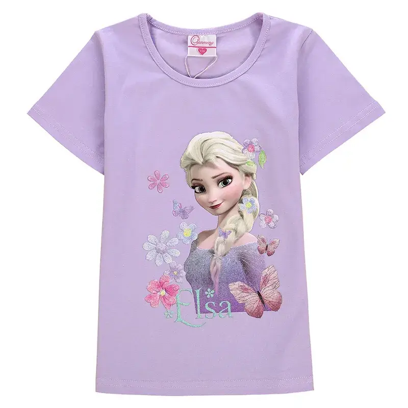 Girls Frozen Elsa Cotton T-Shirt Summer Round Neck - Image 9