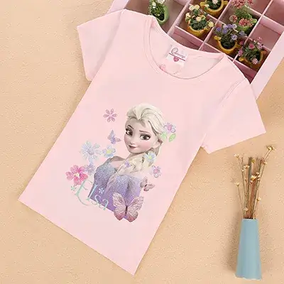 Girls Frozen Elsa Cotton T-Shirt Summer Round Neck - Image 2