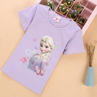 Girls Frozen Elsa Cotton T-Shirt Summer Round Neck - Image 3