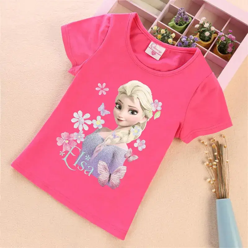 Girls Frozen Elsa Cotton T-Shirt Summer Round Neck - Image 4