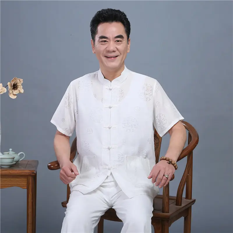 Men White Chinese Tang Suit Summer Autumn Top - Image 4