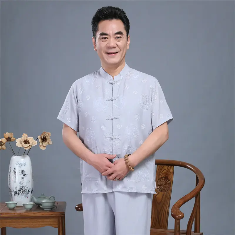 Men White Chinese Tang Suit Summer Autumn Top - Image 5