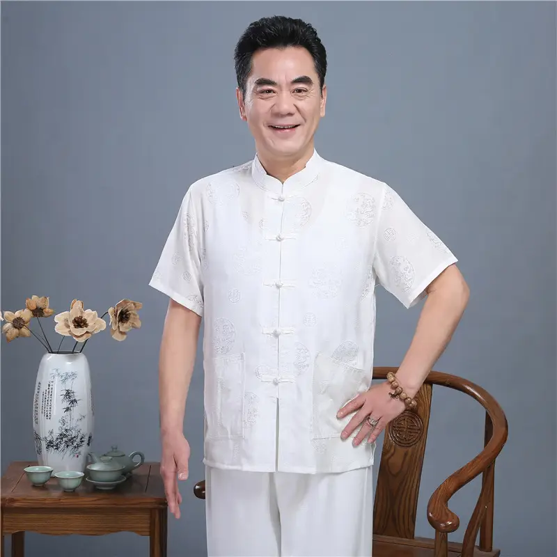 Men White Chinese Tang Suit Summer Autumn Top — feature 13