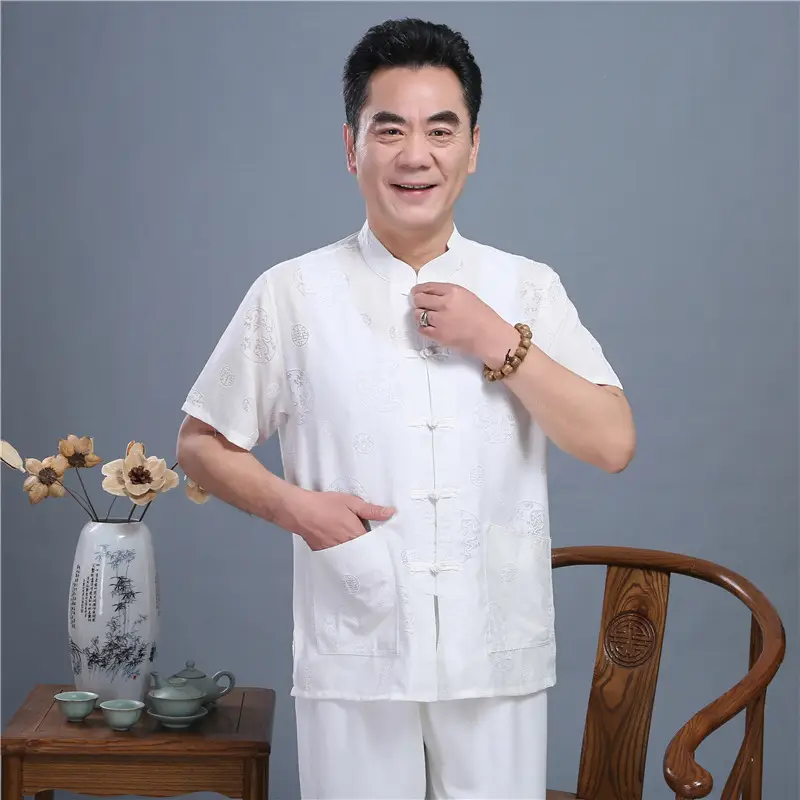 Men White Chinese Tang Suit Summer Autumn Top — feature 14