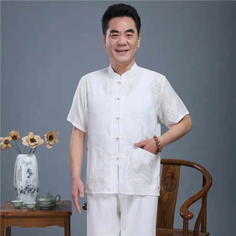Men White Chinese Tang Suit Summer Autumn Top — feature 15