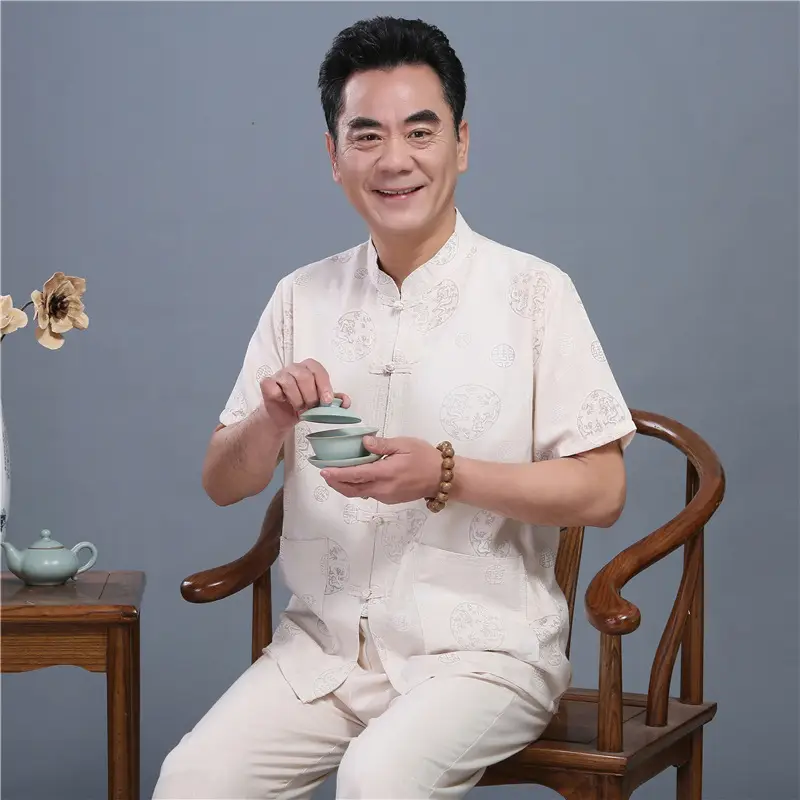 Men White Chinese Tang Suit Summer Autumn Top — feature 5
