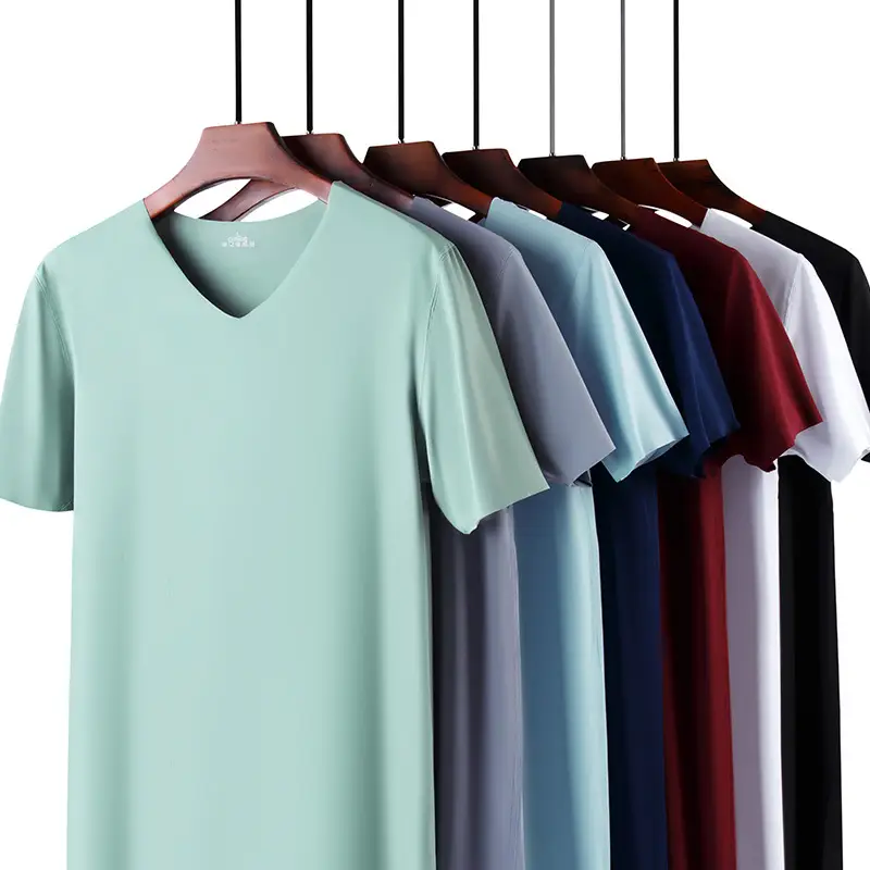 Men Ice Silk V-Neck T-Shirt Grey Slim Fit - Image 7