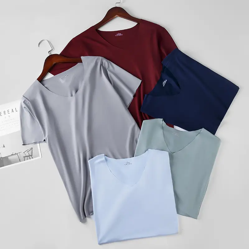 Men Ice Silk V-Neck T-Shirt Grey Slim Fit - Image 8