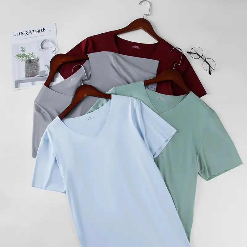 Men Ice Silk V-Neck T-Shirt Grey Slim Fit - Image 10