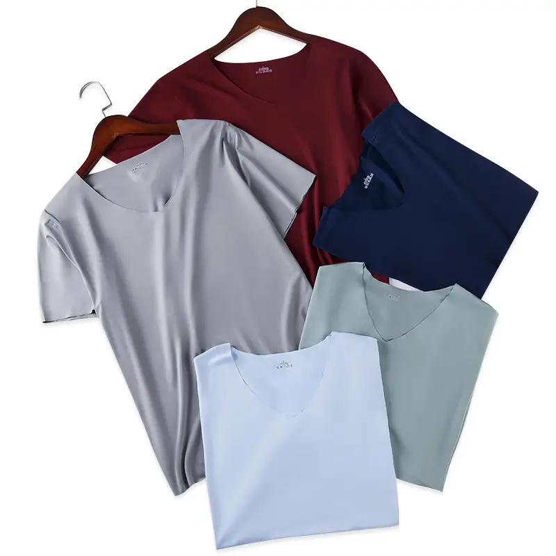 Men Ice Silk V-Neck T-Shirt Grey Slim Fit - Image 11