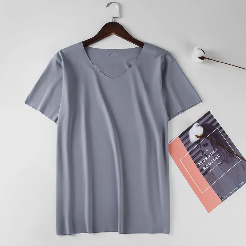 Men Ice Silk V-Neck T-Shirt Grey Slim Fit - Image 3
