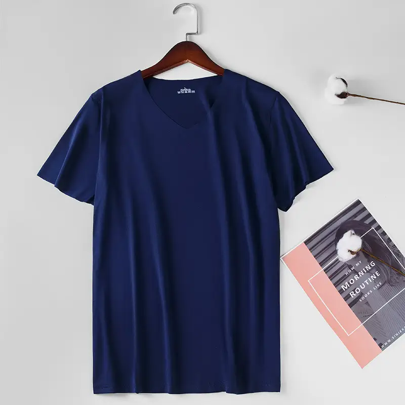 Men Ice Silk V-Neck T-Shirt Grey Slim Fit - Image 5