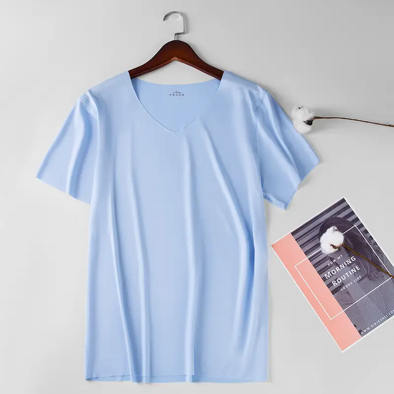 Men Ice Silk V-Neck T-Shirt Grey Slim Fit - Image 6