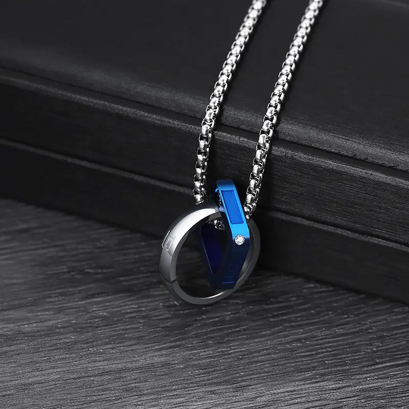 Double-Ring Titanium Men's Necklace Blue Accent - Image 5
