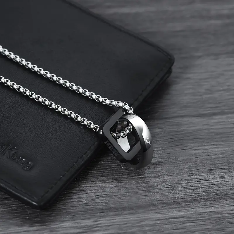 Double-Ring Titanium Men's Necklace Blue Accent - Image 6