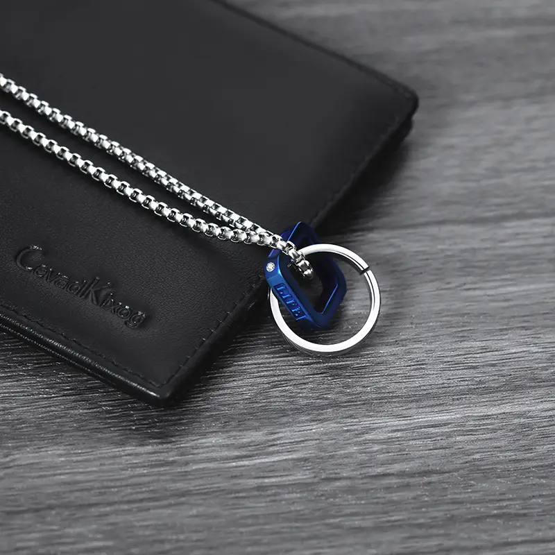Double-Ring Titanium Men's Necklace Blue Accent - Image 7