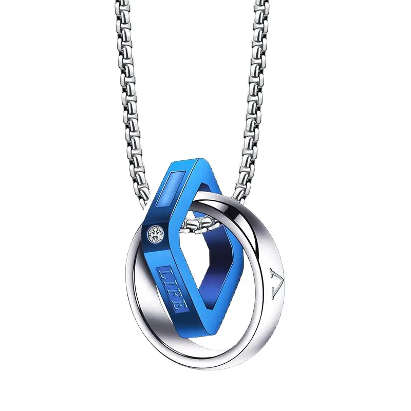 Double-Ring Titanium Men's Necklace Blue Accent - Image 8