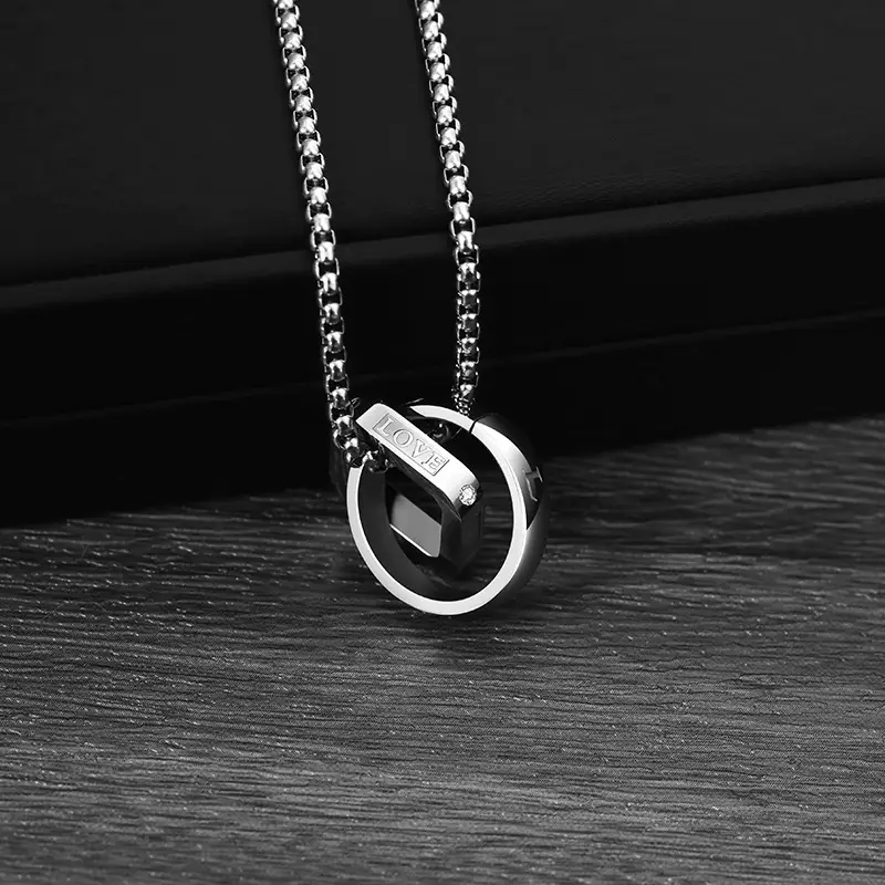 Double-Ring Titanium Men's Necklace Blue Accent — feature 5