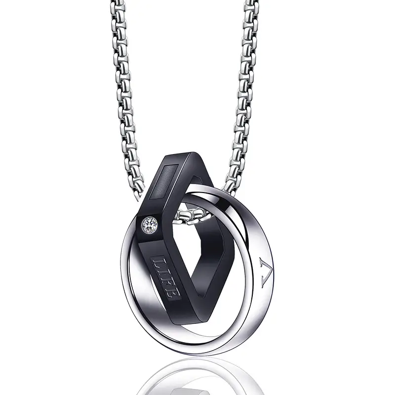 Double-Ring Titanium Men's Necklace Blue Accent - Image 2