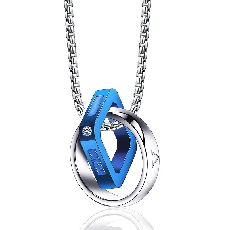 Double-Ring Titanium Men's Necklace Blue Accent - Image 3