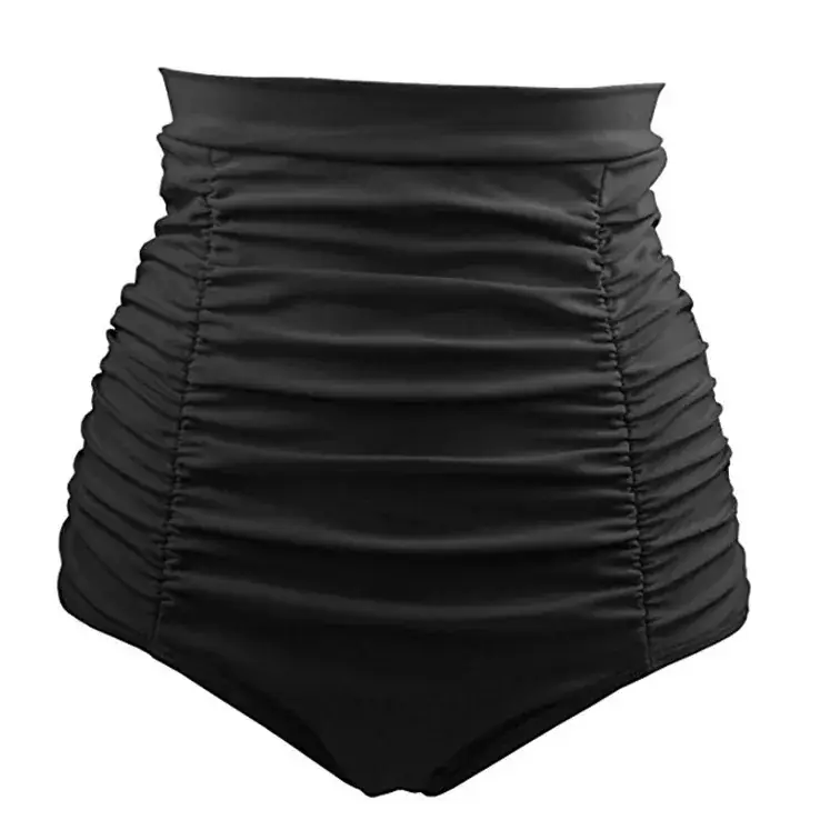 Amazon Explosions Beach Fat Woman High Waist Swimming Trunks Cross-border European and American Pleated Joker Belly Covering Ladies High Waist Swimming Trunks