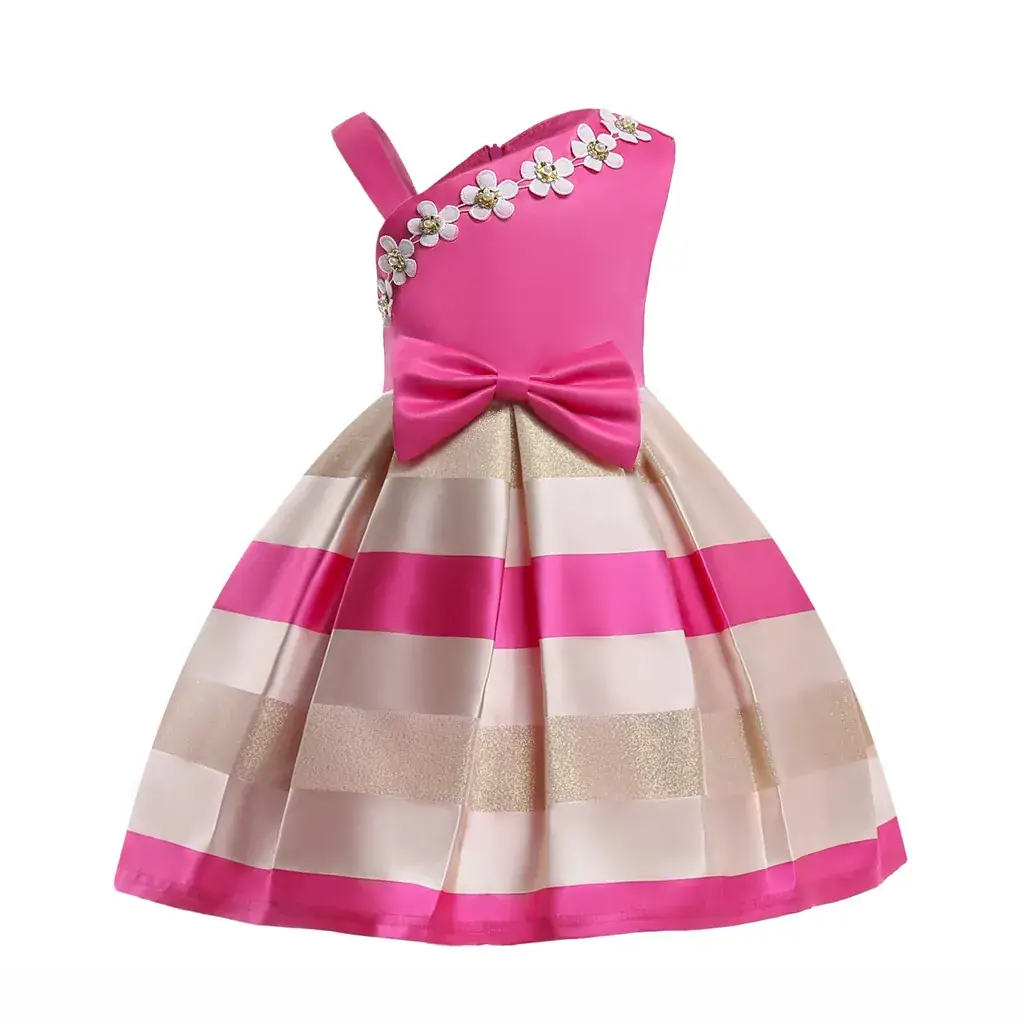 Cute Cross-Striped Pearl Flower Dress for Girls - Image 3
