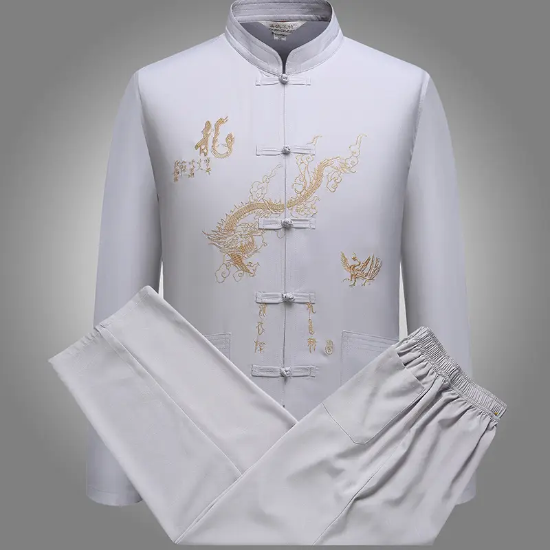 Elderly Chinese Embroidered Dragon Suit Cream Long Sleeve - Image 9