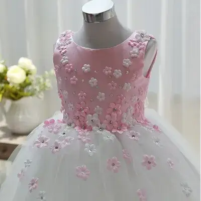 Pink Floral Embroidered Girl's Viscose Dress