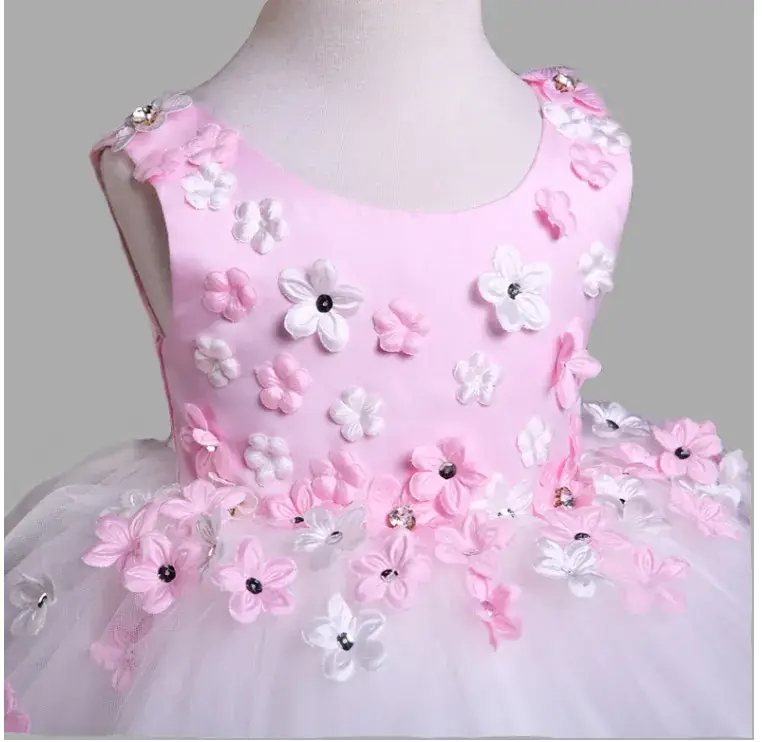 Pink Floral Embroidered Girl's Viscose Dress