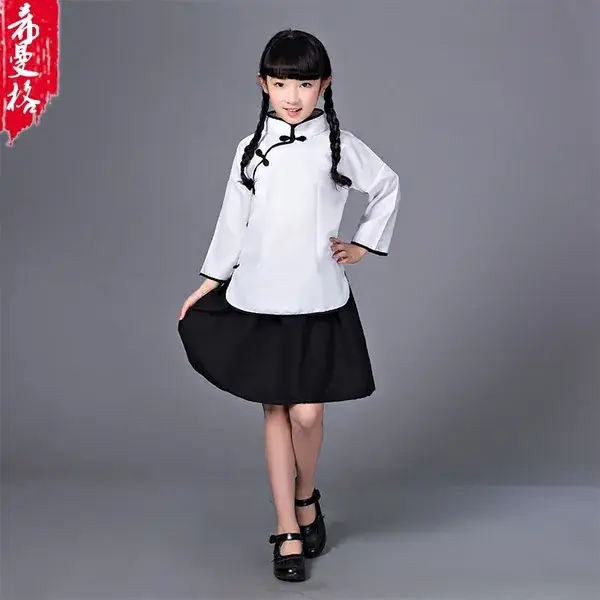 Girls Mao Suit Blue Top Black Skirt May Fourth Student Clothing