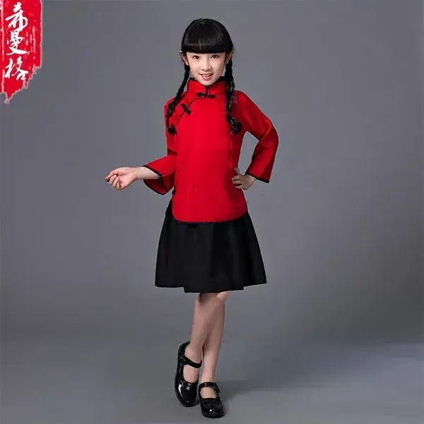 Girls Mao Suit Blue Top Black Skirt May Fourth Student Clothing