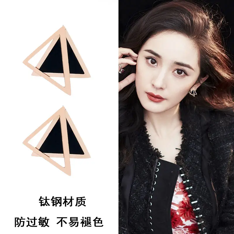 Korean Style Rose Gold Rhombus Earrings for Women Black - Image 2